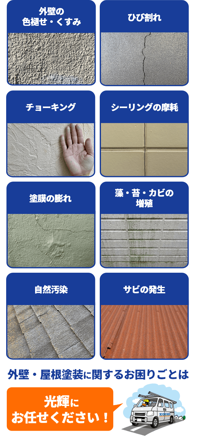 外壁の色褪せ・くすみ、ひび割れ、チョーキング、シーリングの摩耗、塗膜の膨れ、藻・苔・カビの増殖、自然汚染、サビの発生 外壁・屋根塗装に関するお困りごとは光輝にお任せください！